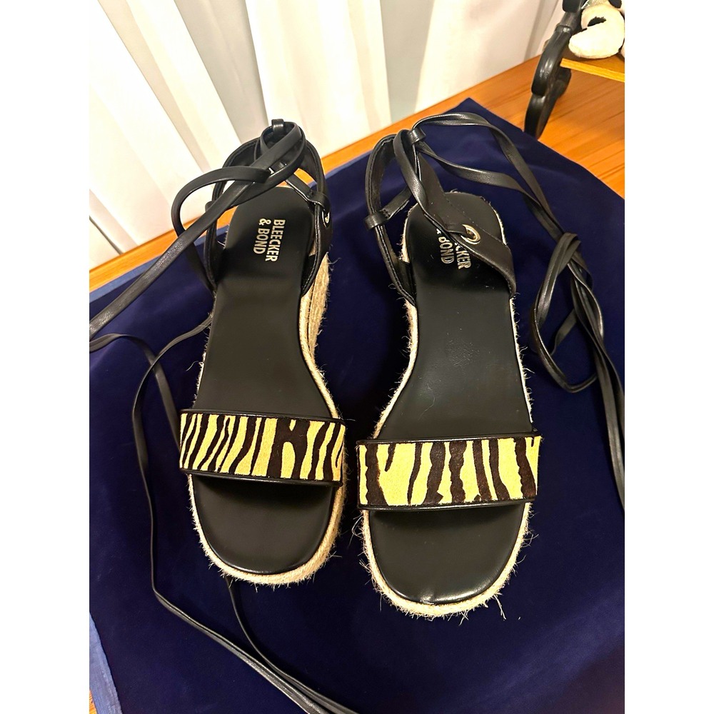 Bleecker & Bond Black/Beige Animal Print Espadrille Wedge Ankle Tie Sandals 6.5